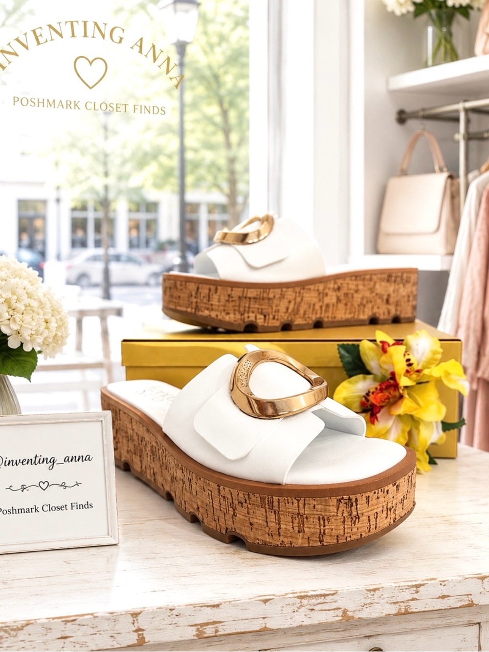 White Slide On Sandals w/Gold Circular Accent & Cushioned Footbed Cork Platform